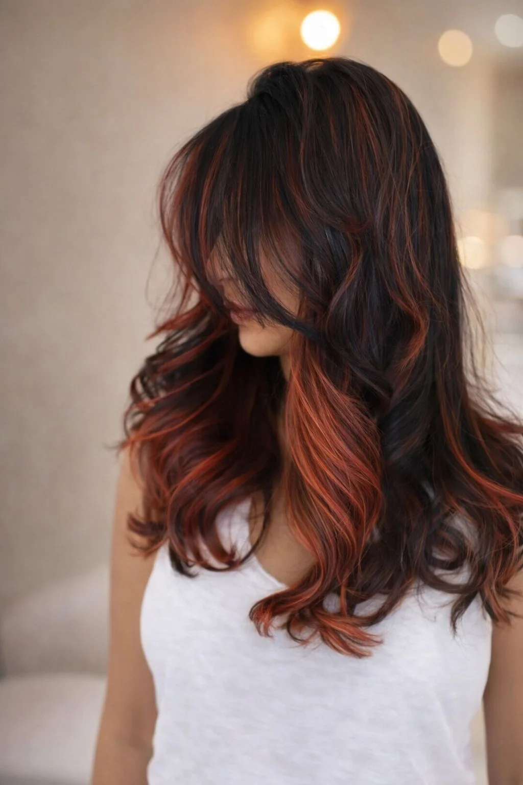 Black hair with copper red highlights