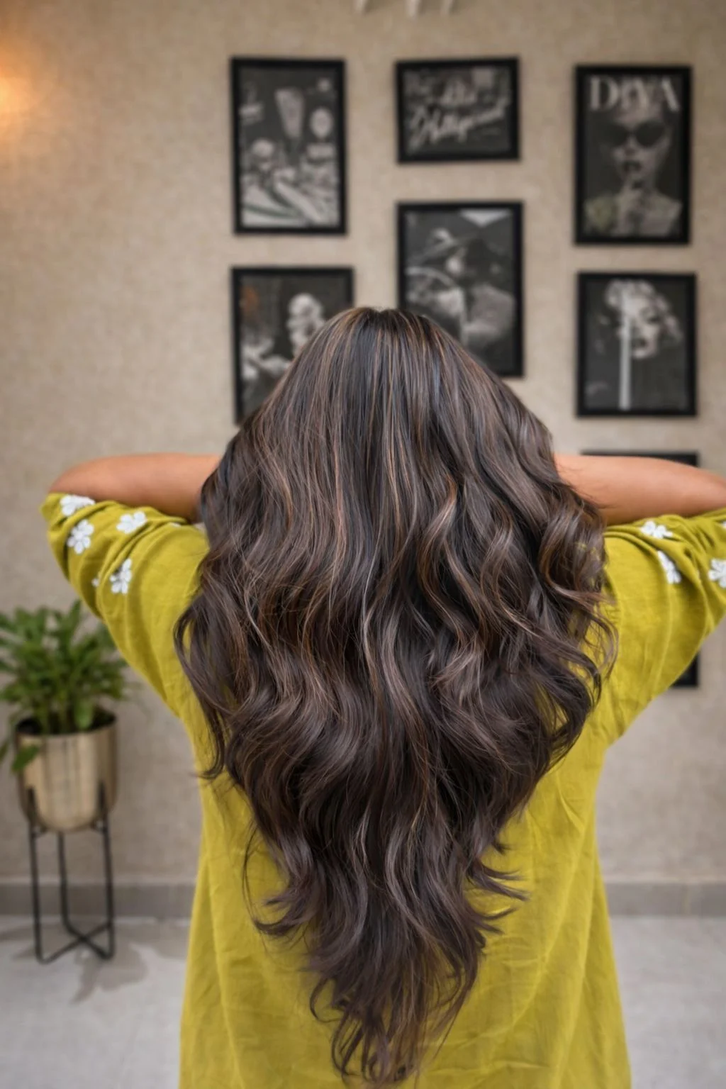Brown wavy hair with highlights